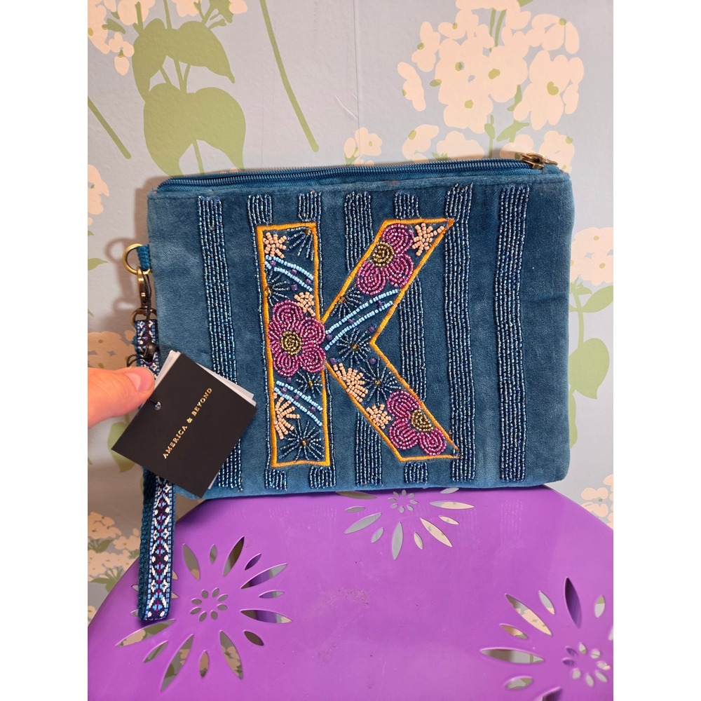 America & Beyond Beaded Velvet Monogram K Wristlet Clutch Teal Blue New - Picture 2 of 4